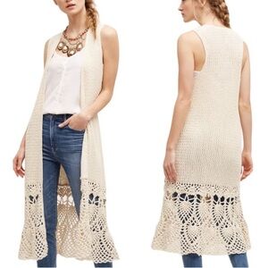 Hand Knit by Dollie Cream Crochet Garden Sleeveless Duster Size XXS